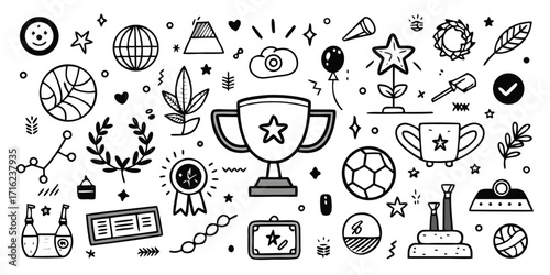 Collection of doodle icons celebrating achievements success and rewards with trophies awards and symbols
