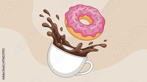 Delicious Donut and Coffee Illustration Featuring Pink Icing and a Splash of Warm Coffee Good Morning Concept