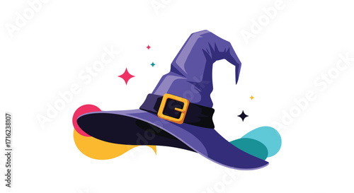 A whimsical purple witch hat adorned with a golden buckle and surrounded by colorful magical sparkles.