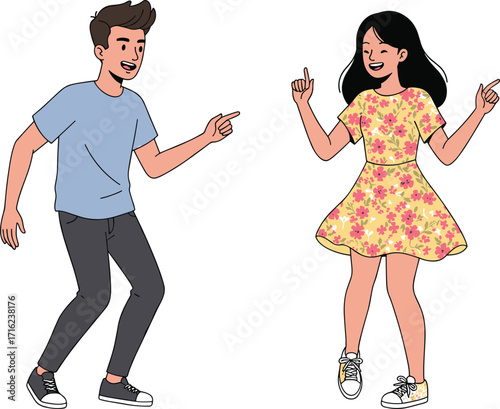 Cartoon boy and girl dancing happily together, fun couple movement, joyful kids illustration, colorful outfit, friendship, celebration, party dance scene