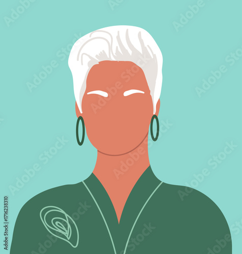 Senior woman, head portrait in modern fashion style. Old gray female face. Elderly person avatar, stylish granny. Hand drawn vector illustration.