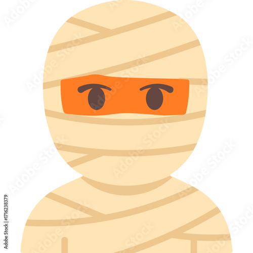 Halloween mummy character wrapped in bandages with glowing orange eyes, great for spooky party invitations and kid designs.