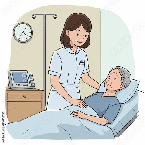 Caring nurse tending to elderly patient in hospital bed offering comfort and support during recovery