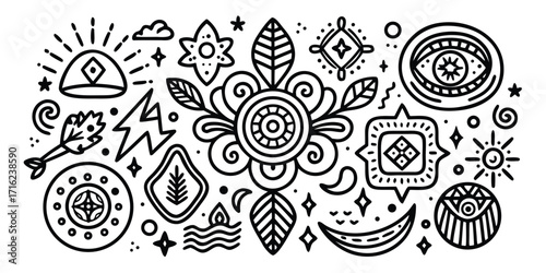 Mystical symbols and celestial elements hand-drawn collection for bohemian vibes