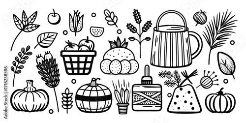 Hand-drawn autumn harvest elements including pumpkins leaves and rustic basket