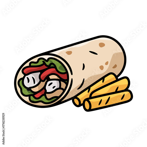 Delicious Shawarma Wrap with Fries Cartoon Illustration for Food Lovers and Restaurant Promotions