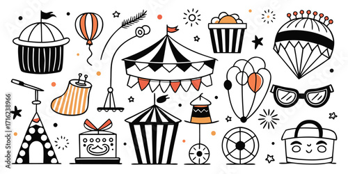 Whimsical carnival and celebration elements collection hand-drawn funfair icons and party graphics
