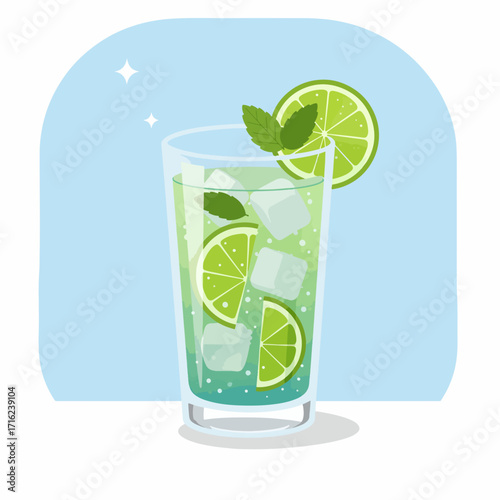 Refreshing lime mojito cocktail drink with ice cubes and mint garnish, perfect for summer refreshment