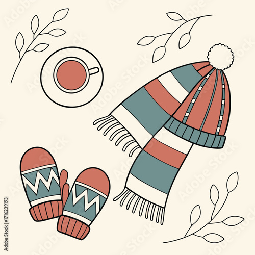 Cozy winter lifestyle illustration featuring a warm wool scarf and festive elements