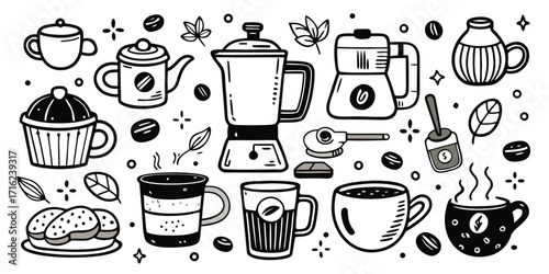 Hand-drawn coffee shop essentials including cups mugs coffee makers and pastries for cafe decor