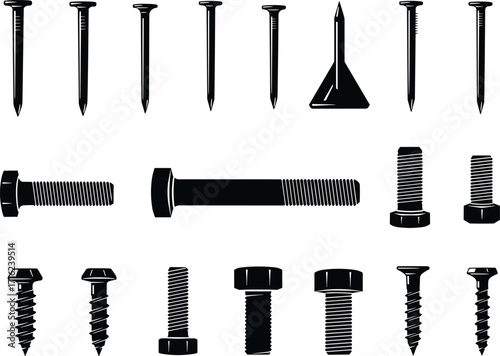 silhouette, nail, screw, bolt, fastener, hardware, metal, thread, head, shaft, tool, construction, equipment, vector, black, icon, design, object, shape, illustration