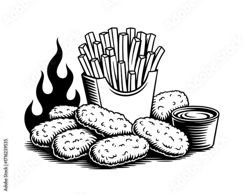 Delicious Fried Chicken Nuggets and Crispy French Fries with Dipping Sauce Monochrome Illustration Food Art