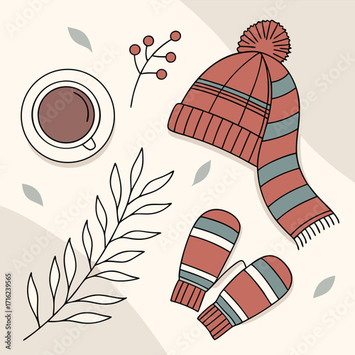 Cozy winter lifestyle illustration featuring a warm wool scarf and seasonal elements