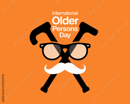 International Older Persons Day Graphic with Canes Eyeglasses and Mustache Celebrating Seniors and Aging Well on Orange Background