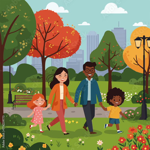 Happy family strolls together in a vibrant city park on a beautiful sunny day, enjoying quality time