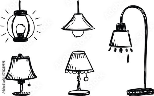 Hand-Drawn Collection of Various Lamps and Light Fixtures