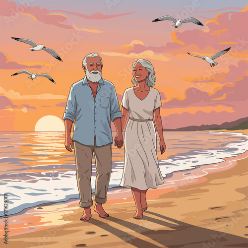 Romantic senior couple walking hand in hand on a beach at sunset enjoying their golden years