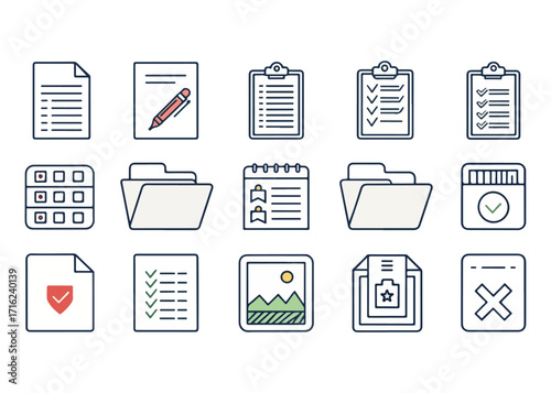 Collection of Business and Office Icons for Digital File Management and Workflow Automation featuring Documents Checklists and Folders