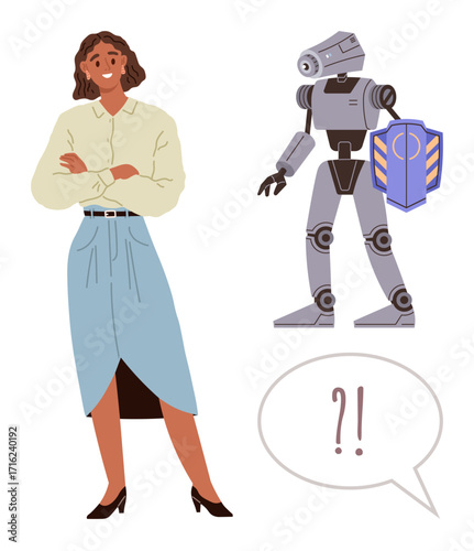 Professional woman standing beside humanoid robot with shield, expressing curiosity with a speech bubble. Ideal for innovation, artificial intelligence, teamwork, technology, decision-making, future