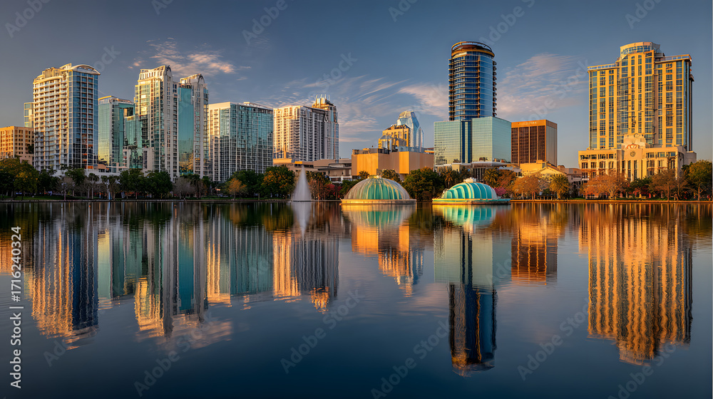 Fototapeta premium orlando florida usa downtown city skyline on eola lake no logos no brands
