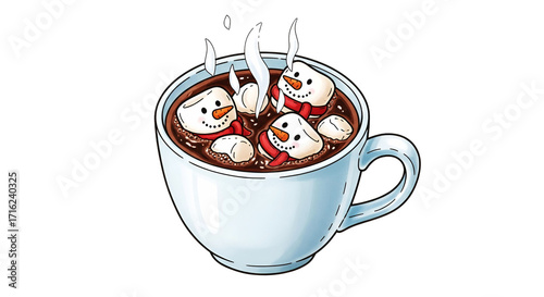 Hot chocolate with marshmallow snowmen isolated on transparent background