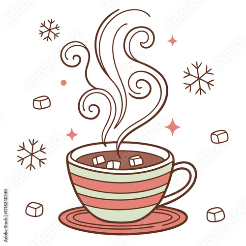 Cozy illustration of a steaming cup of hot cocoa with whipped cream and a swirl of chocolate sauce
