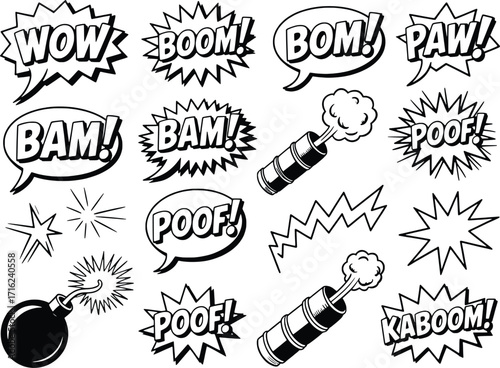 Comic book sound effects and explosions collection dramatic speech bubbles and action words
