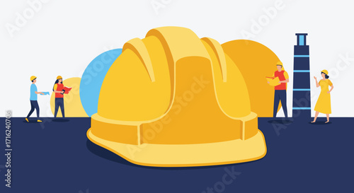 Workers around a giant yellow hard hat with construction elements in the background.