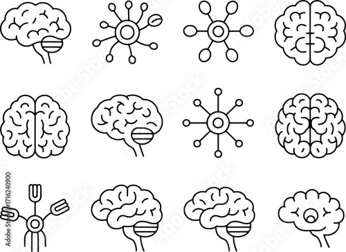 Collection of stylized brain icons and network nodes representing neural connections and ai