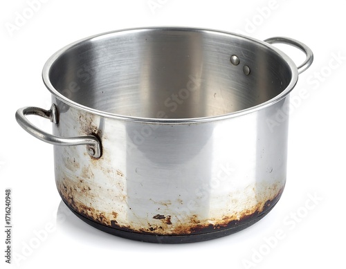 Empty stainless steel pot with burnt marks