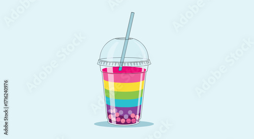 A vibrant rainbow layered drink with colorful pearls at the bottom and a blue straw is presented against a pale blue background.