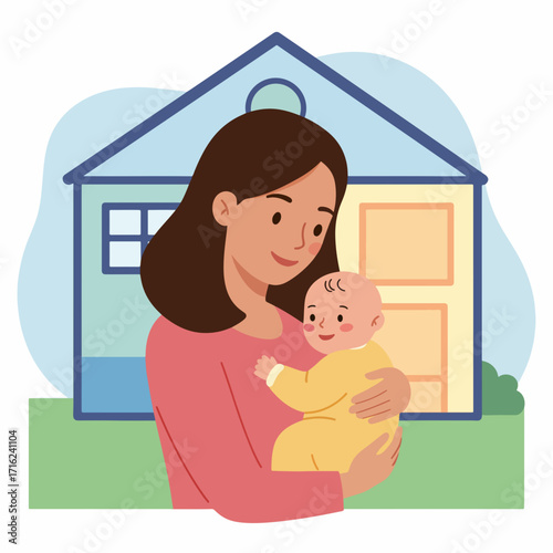 Loving mother holding baby tenderly near home evokes warmth and family values beautifully