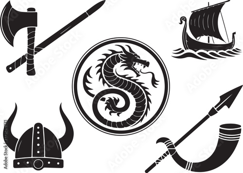 Viking symbols ancient warrior icons and dragon emblem