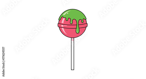 A sweet pink lollipop covered in dripping green frosting on a white stick.