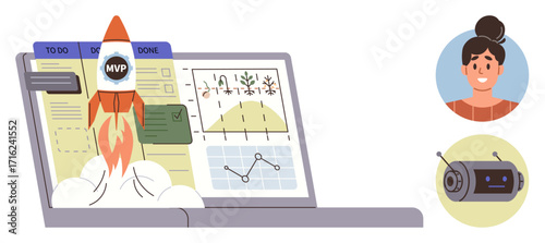 Rocket blasting off from laptop with charts and task boards, representing innovation, growth, project management. Ideal for business strategy, startup success, analytics, teamwork, efficiency