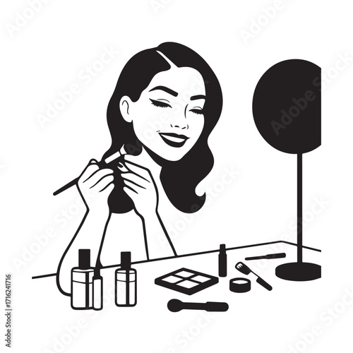 Black and white line art of a beautiful woman doing makeup at dressing table with mirror illustration