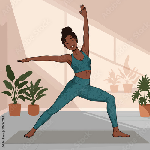 Serene woman practicing yoga in sunlit studio for wellness and fitness promotion