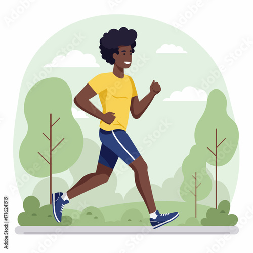 Dynamic African American man jogging outdoors for fitness and healthy lifestyle pursuit