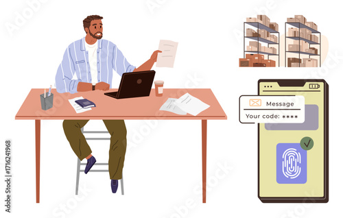 Man sitting at desk with papers, laptop, and phone, next to mobile security elements and storage racks. Ideal for business, data organization, security, office work logistics tech workflow. Simple