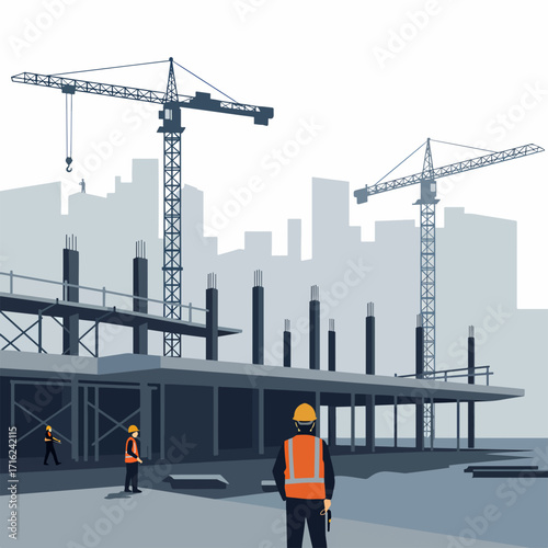 Modern construction site with cranes building a city skyline, professional and dynamic development