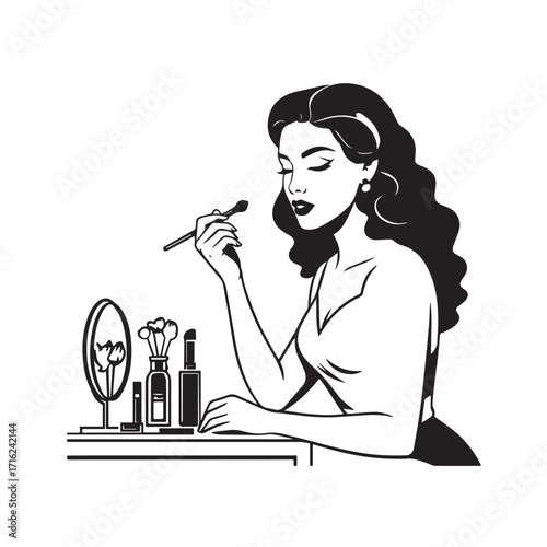 Black and white line art of a beautiful woman doing makeup at dressing table with mirror illustration