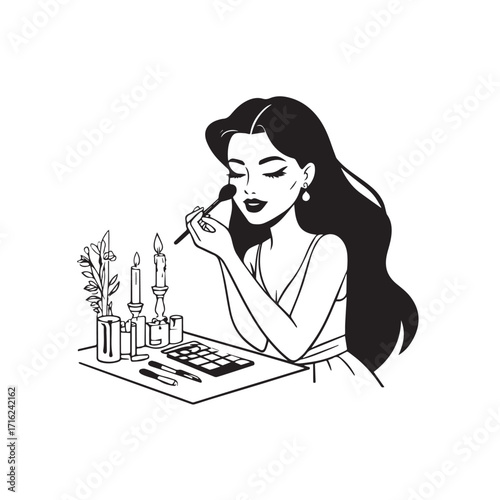 Black and white line art of a beautiful woman doing makeup at dressing table with mirror illustration