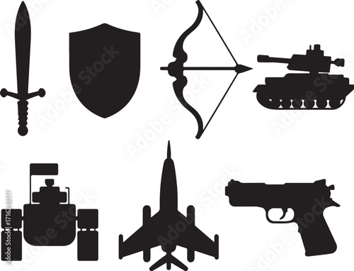 Diverse weaponry silhouettes for historical and modern conflict
