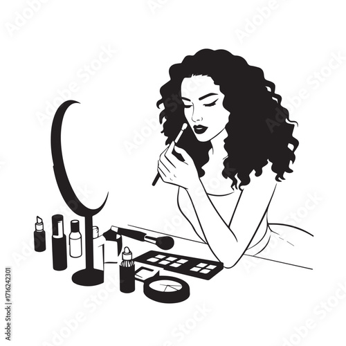 Black and white line art of a beautiful woman doing makeup at dressing table with mirror illustration