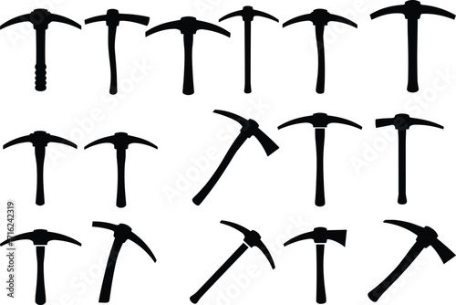 silhouette, pickaxe, tool, mining, construction, equipment, blade, handle, strike, dig, break, rock, metal, vector, black, icon, design, hardware, outdoor, labor