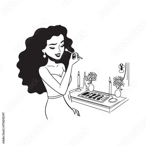 Black and white line art of a beautiful woman doing makeup at dressing table with mirror illustration
