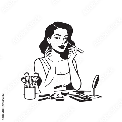 Black and white line art of a beautiful woman doing makeup at dressing table with mirror illustration