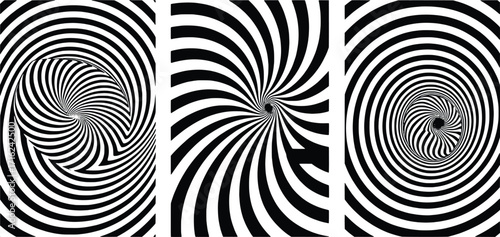 Three hypnotic swirling black and white spiral patterns creating optical illusions and dizziness