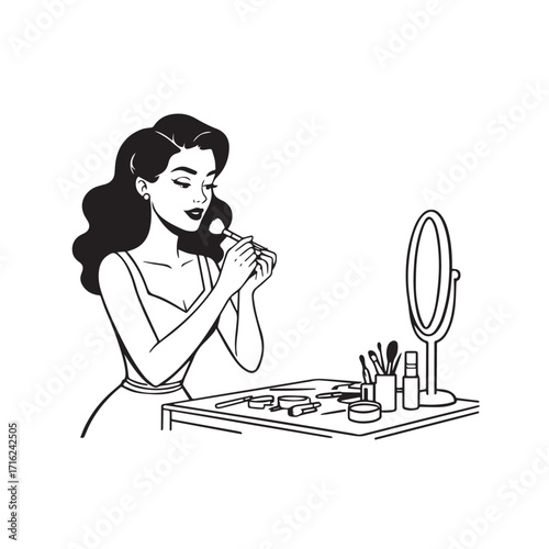 Black and white line art of a beautiful woman doing makeup at dressing table with mirror illustration
