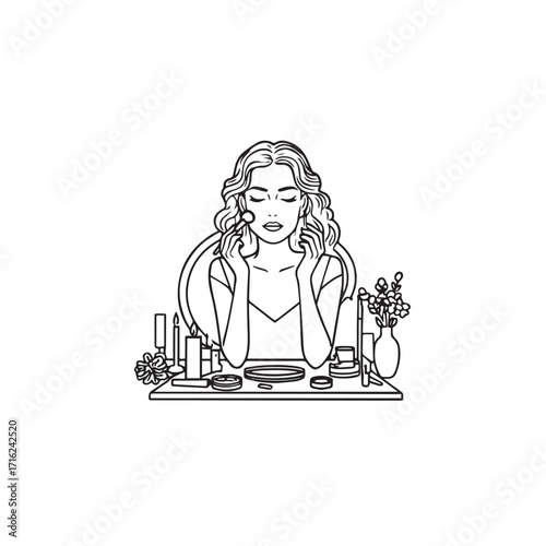 Black and white line art of a beautiful woman doing makeup at dressing table with mirror illustration